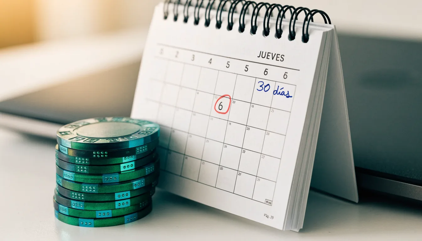 Fichas de casino y un calendario sobre el escritorio junto a un portátil