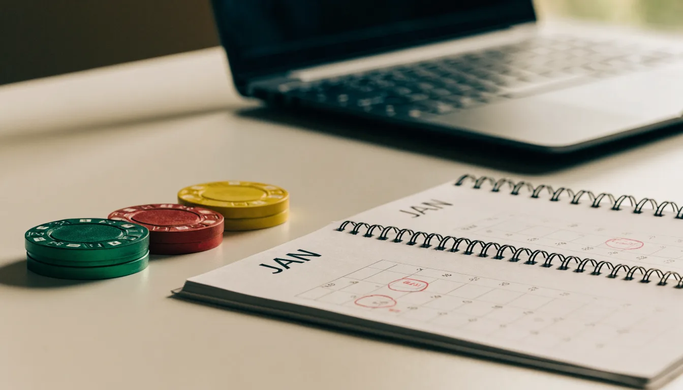 Fichas de casino y un calendario sobre el escritorio junto a un portátil