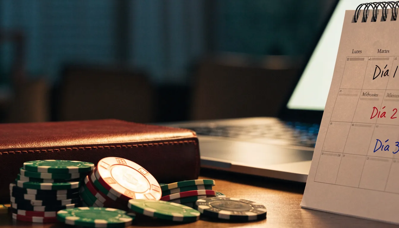 Fichas de casino y un calendario sobre el escritorio junto a un portátil