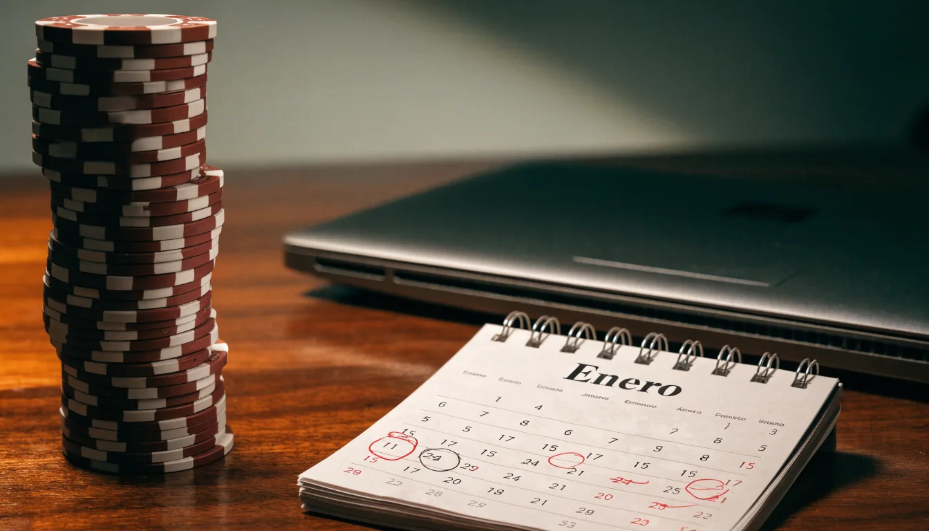 Fichas de casino y un calendario sobre el escritorio junto a un portátil