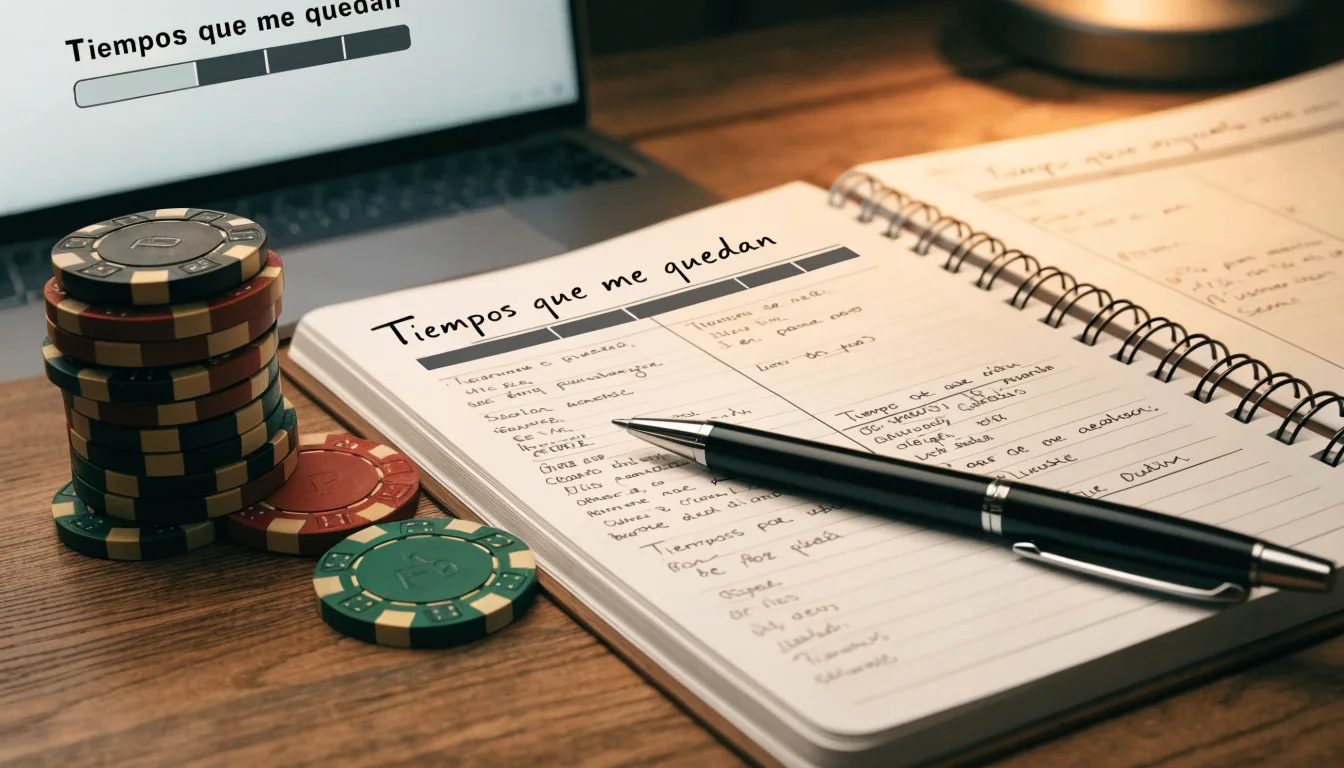 Fichas de casino y un calendario sobre el escritorio junto a un portátil