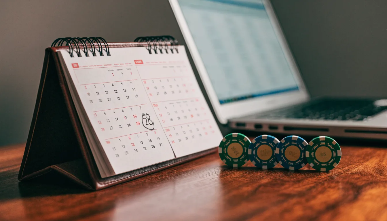 Fichas de casino y un calendario sobre el escritorio junto a un portátil