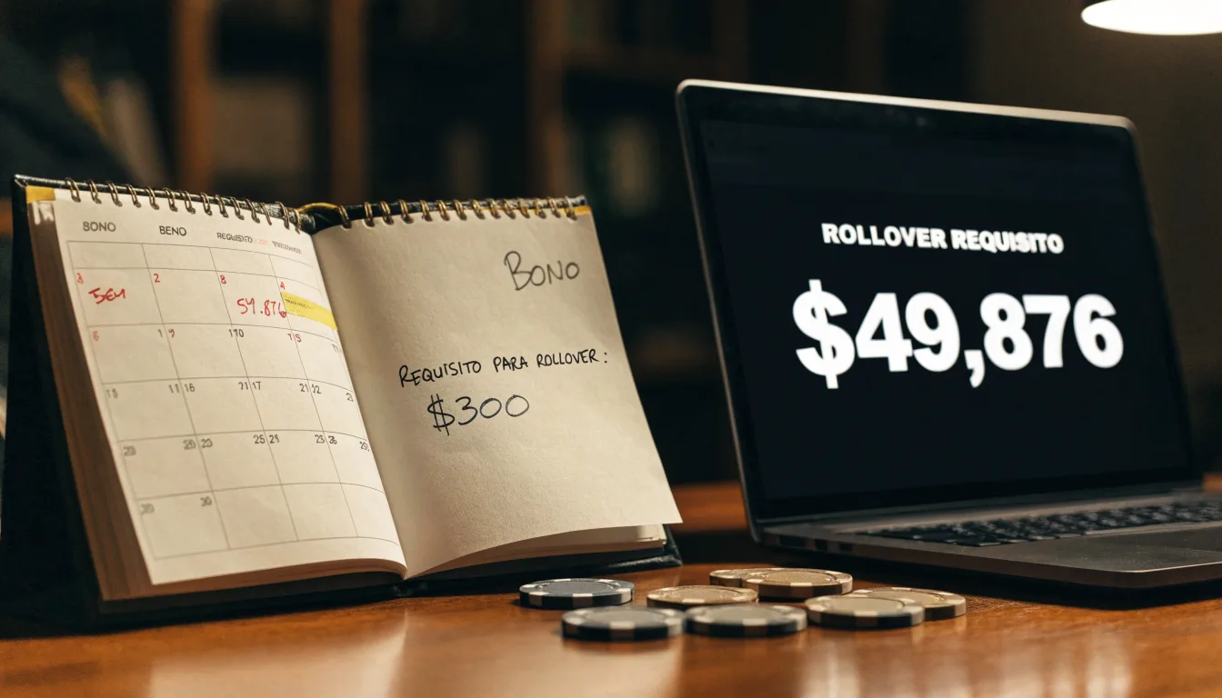 Fichas de casino y un calendario sobre el escritorio junto a un portátil