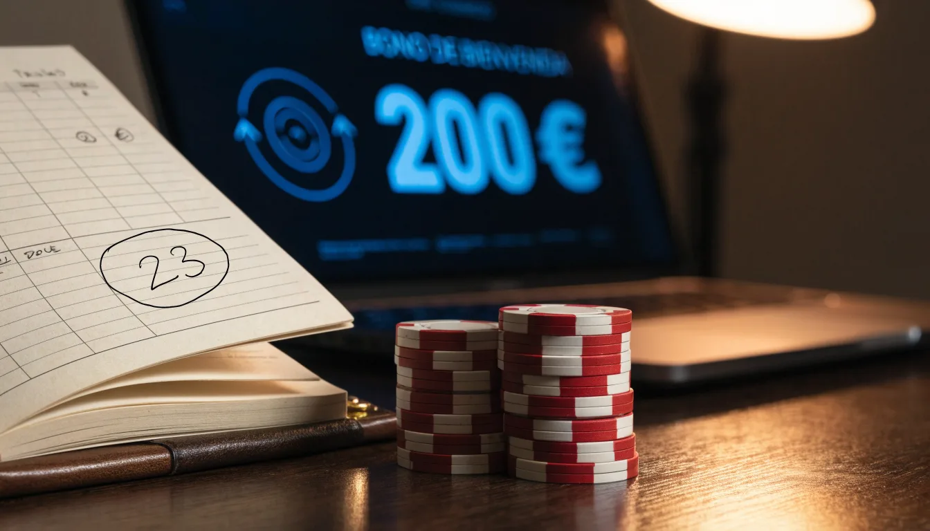 Fichas de casino y un calendario sobre el escritorio junto a un portátil