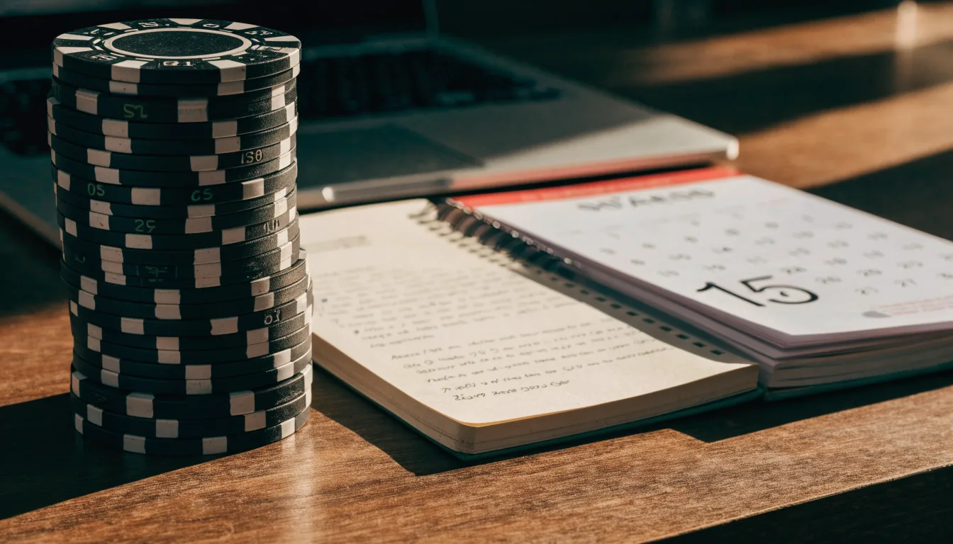 Fichas de casino y un calendario sobre el escritorio junto a un portátil
