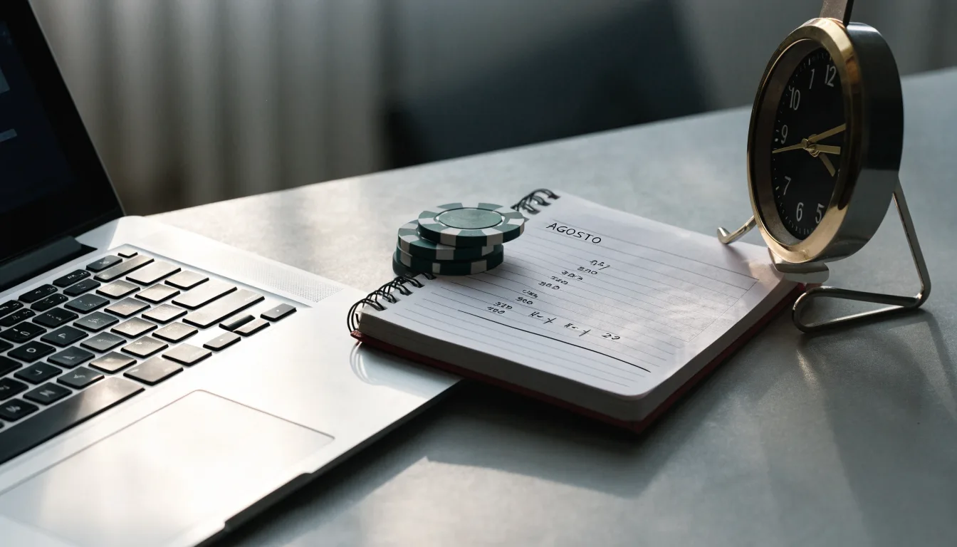 Fichas de casino y un calendario sobre el escritorio junto a un portátil