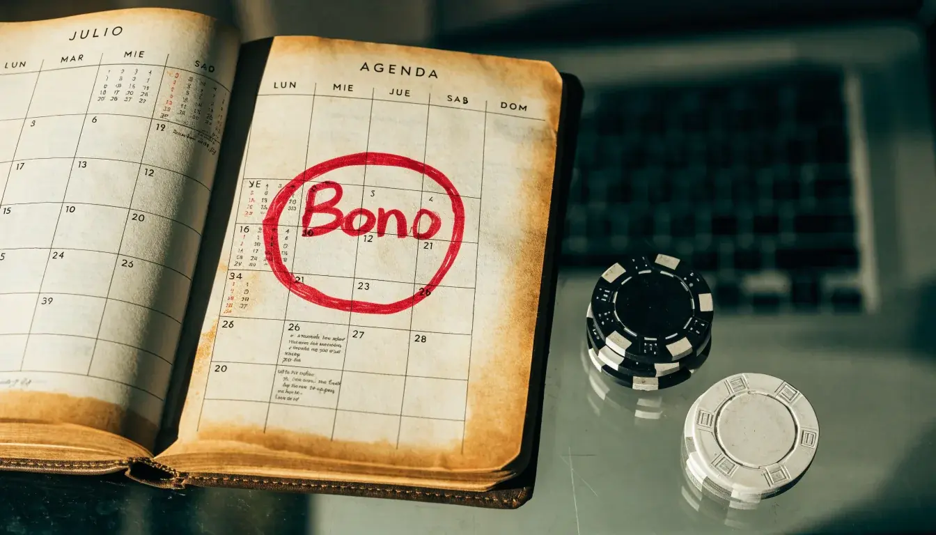 Fichas de casino y un calendario sobre el escritorio junto a un portátil