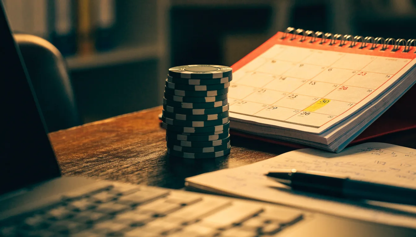 Fichas de casino y un calendario sobre el escritorio junto a un portátil