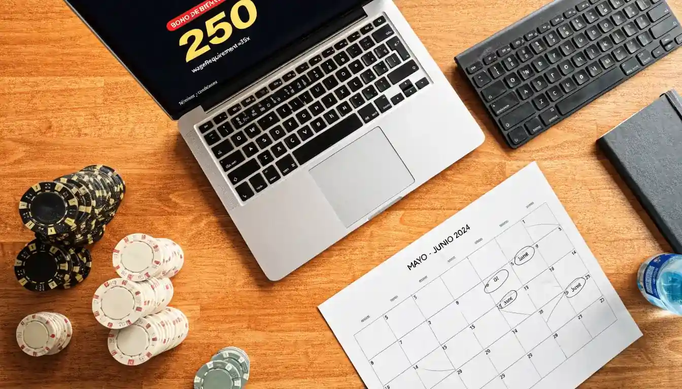 Fichas de casino y un calendario sobre el escritorio junto a un portátil