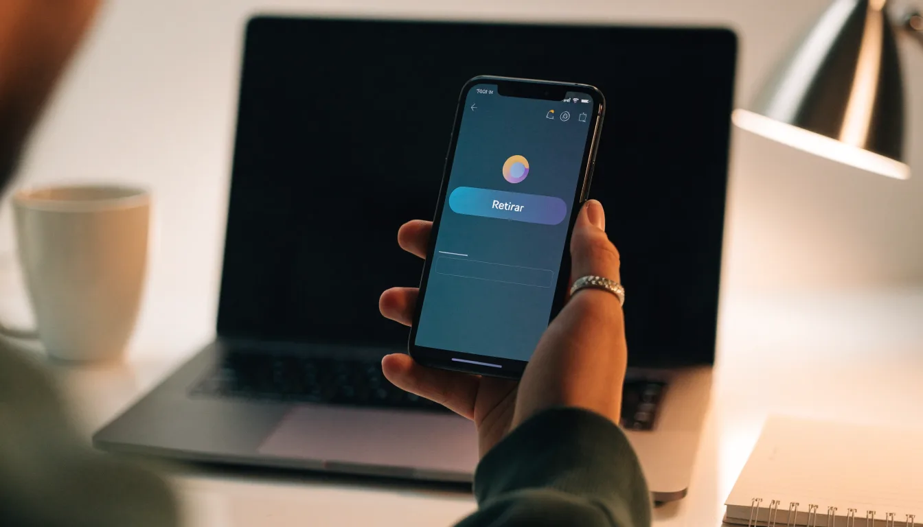 Una mano sostiene un móvil con la pantalla de retirada junto a un portátil