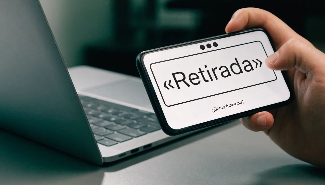 Una mano sostiene un móvil con la pantalla de retirada junto a un portátil