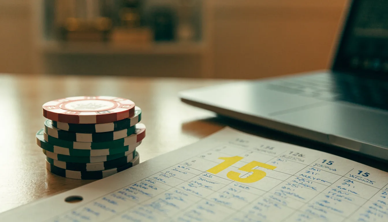 Fichas de casino y un calendario sobre el escritorio junto a un portátil