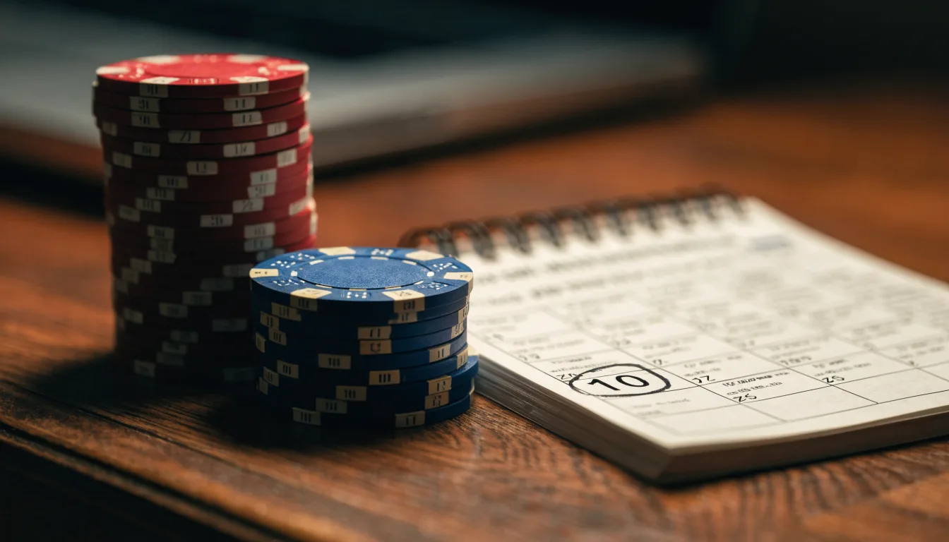 Fichas de casino y un calendario sobre el escritorio junto a un portátil