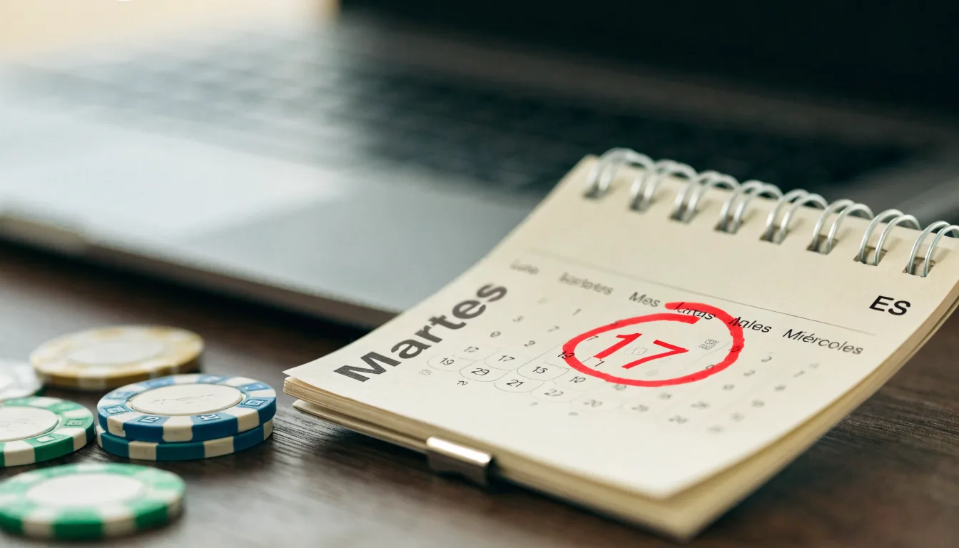 Fichas de casino y un calendario sobre el escritorio junto a un portátil