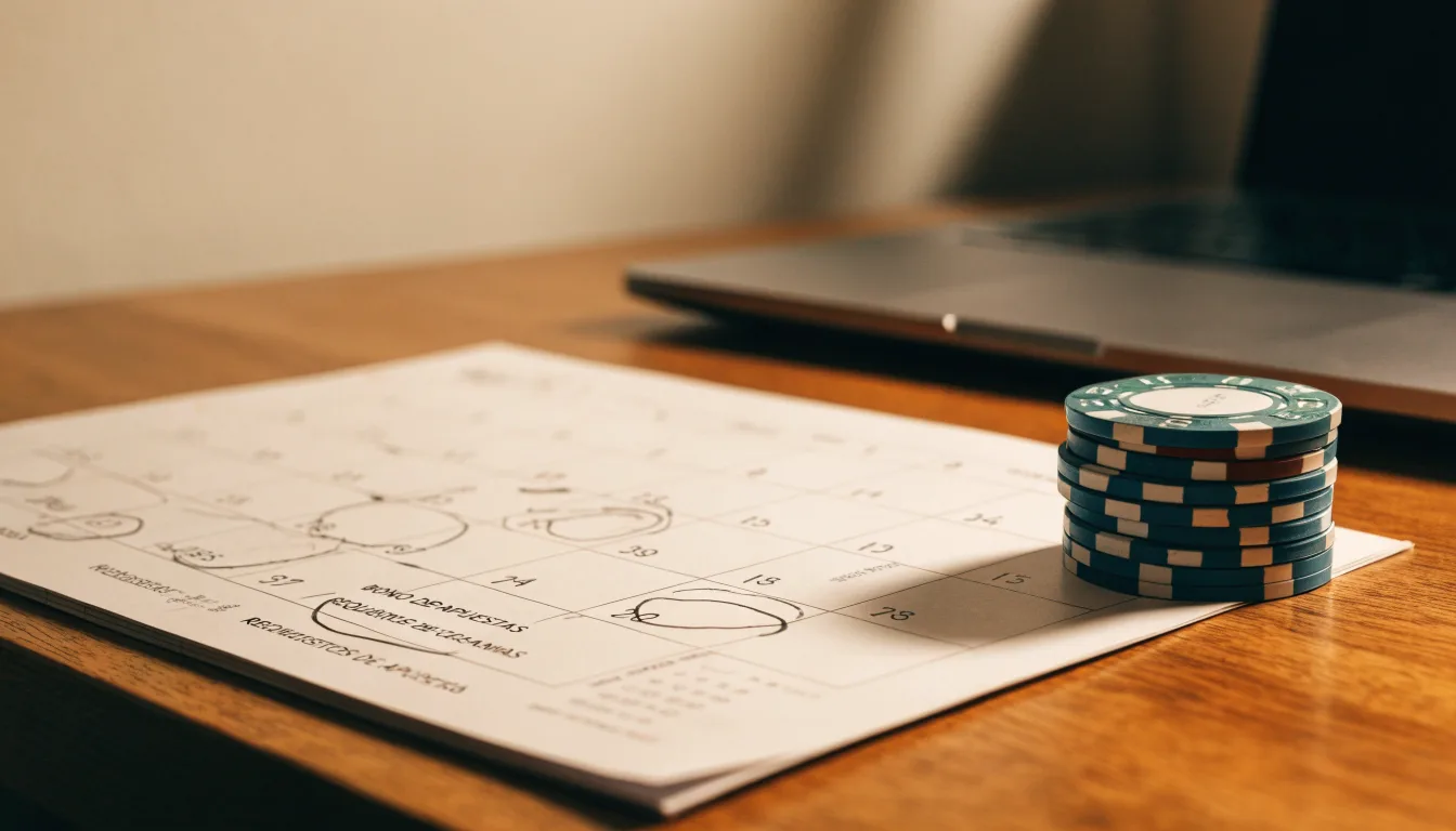 Fichas de casino y un calendario sobre el escritorio junto a un portátil