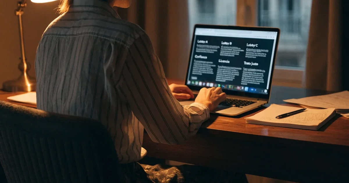 Persona de espaldas compara casinos online en un portátil en casa